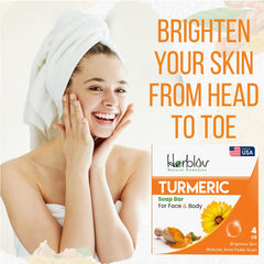 Herblov turmeric soap bar lathering on skin for soothing hydration.
