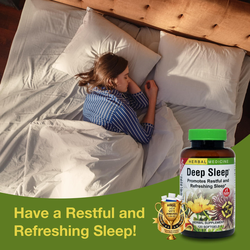 Herbs Etc Deep Sleep Softgels bottle front label emphasizing natural herbal sleep.