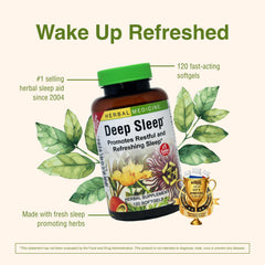 Herbs Etc Deep Sleep Softgels dosage reminder demonstrates two nightly softgels.