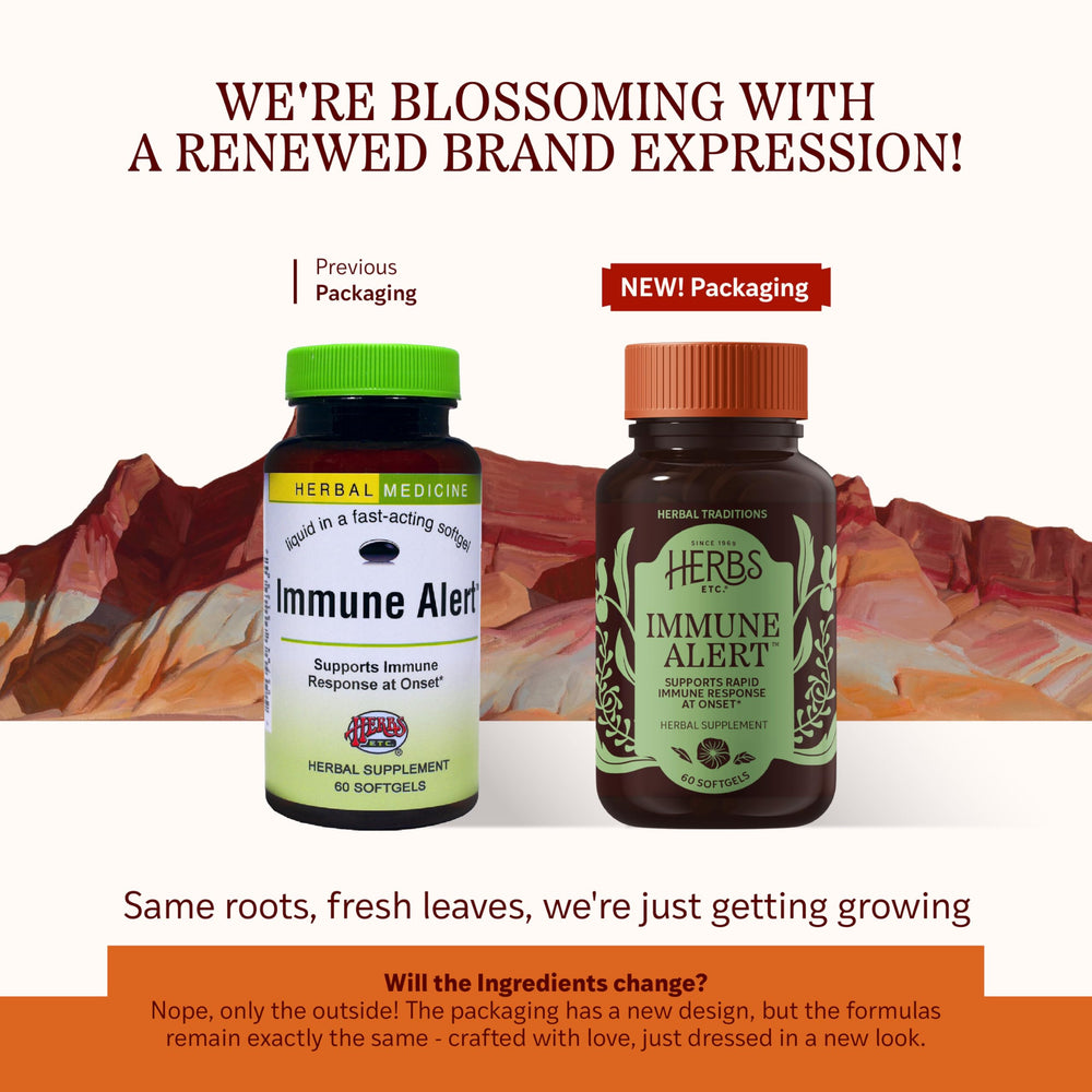 Back label with supplement facts for Herbs Etc. Immune Alert softgels