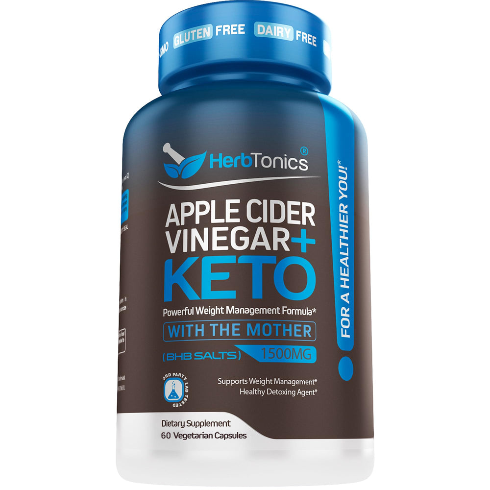 Herbtonics Apple Cider Vinegar bottle showcases digestive support and appetite balance.