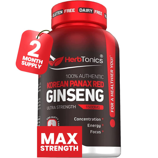 Bottle of Herbtonics Korean Red Panax Ginseng 1500mg vegan capsules - front view