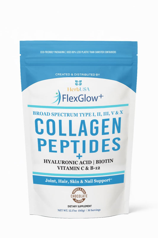 HerbUSA FlexGlow+ Collagen Peptides bottle with label
