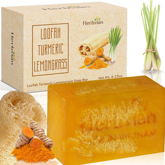 Herbvian loofah soap bar with turmeric lemongrass, gentle exfoliation for refreshed skin.