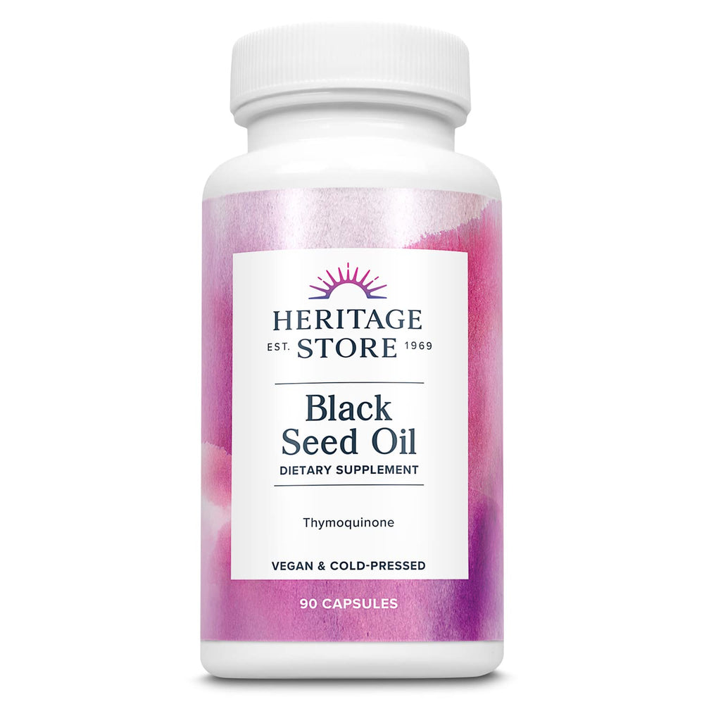 Heritage Store Black Seed Oil 650mg bottle and capsules on white background