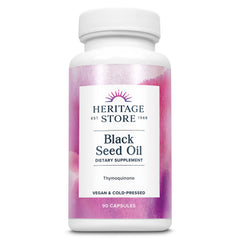 Heritage Store Black Seed Oil 650mg bottle and capsules on white background