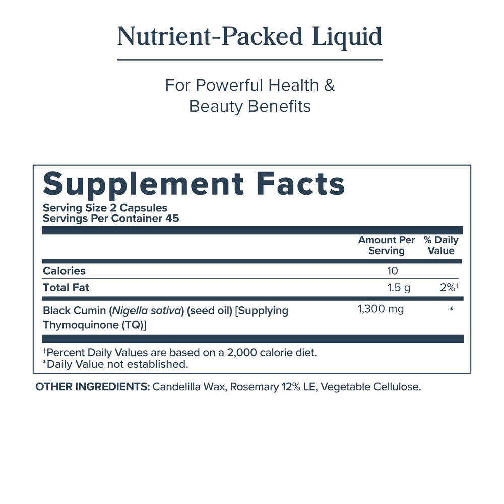 650mg black seed oil liquid capsules bottle with label visible