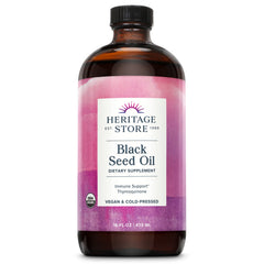 HERITAGE STORE Black Seed Oil bottle front view, organic cold-pressed formula for daily wellness