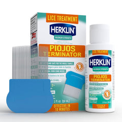 HERKLIN lice-treatment-shampoo-bottle-pour demonstrates quick, easy application on dry hair.