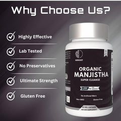 Close-up of Manjistha root capsules and powder