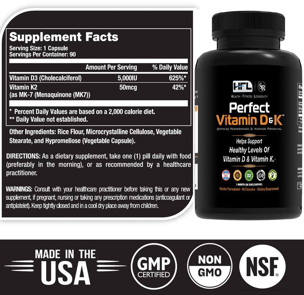 Back view of HFL Perfect Vitamin D&K bottle with supplement facts