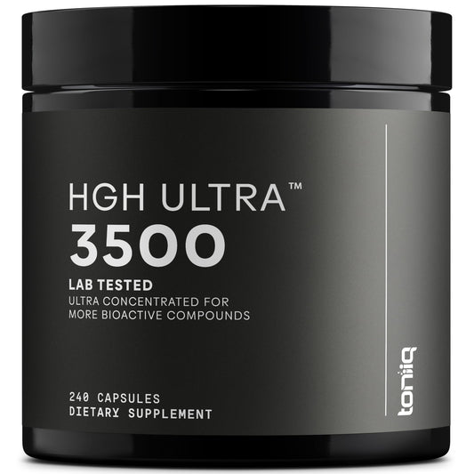 Front of Toniiq HGH Ultra bottle showing 240 count and 3552mg+ formula