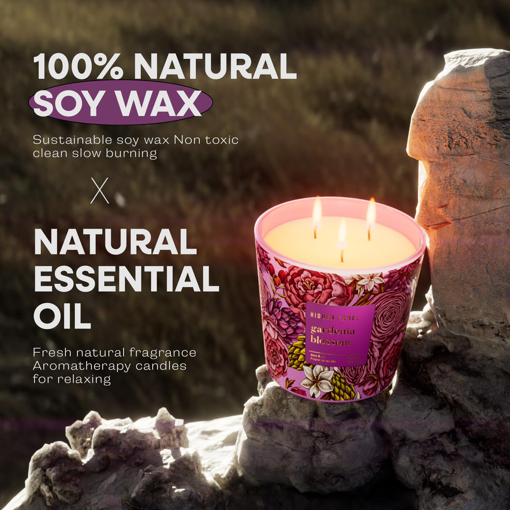 Hidden Label 30oz candle in room setting shows long burn time up to 100 hours.