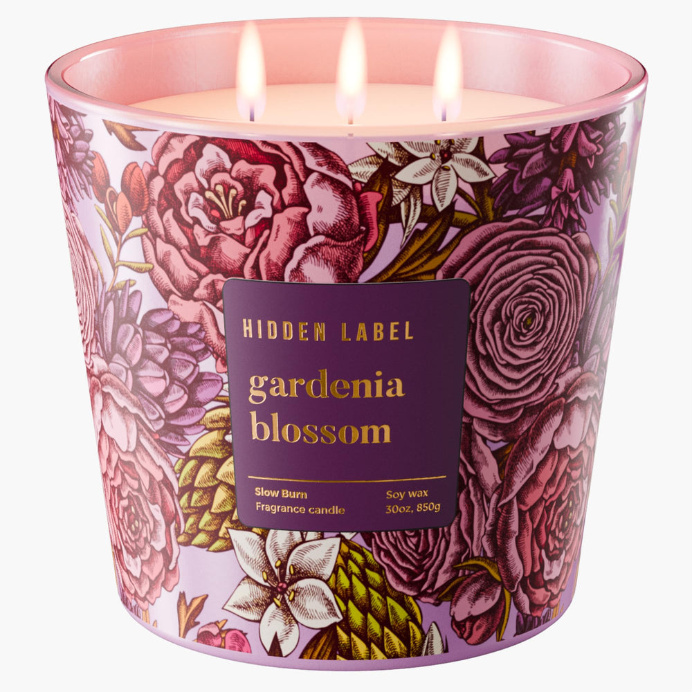 Hidden Label gardenia blossom jar highlights its three-wick scent strength for large spaces.