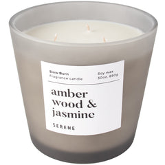 Hidden Label Large Scented Candle 30oz Amber Wood & Jasmine in a large glass jar