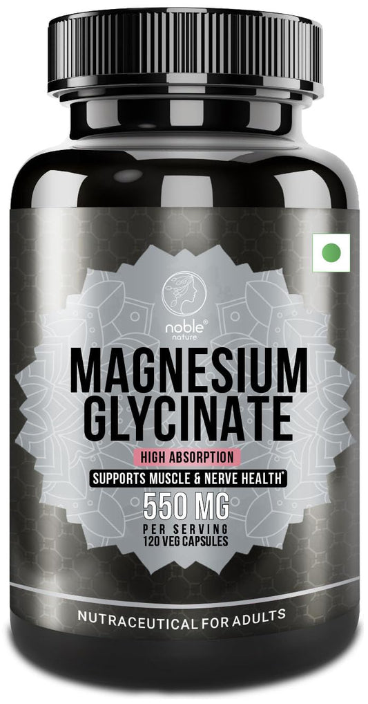 Front view of High Absorption Magnesium Glycinate 550mg bottle with 120 vegetarian capsules