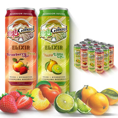 Front view of High Ground Elixir Mushroom Seltzer Variety Pack 12oz cans