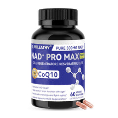 Front view of HIILEATHY NAD+ supplement bottle with Resveratrol and CoQ10 - 60 capsules