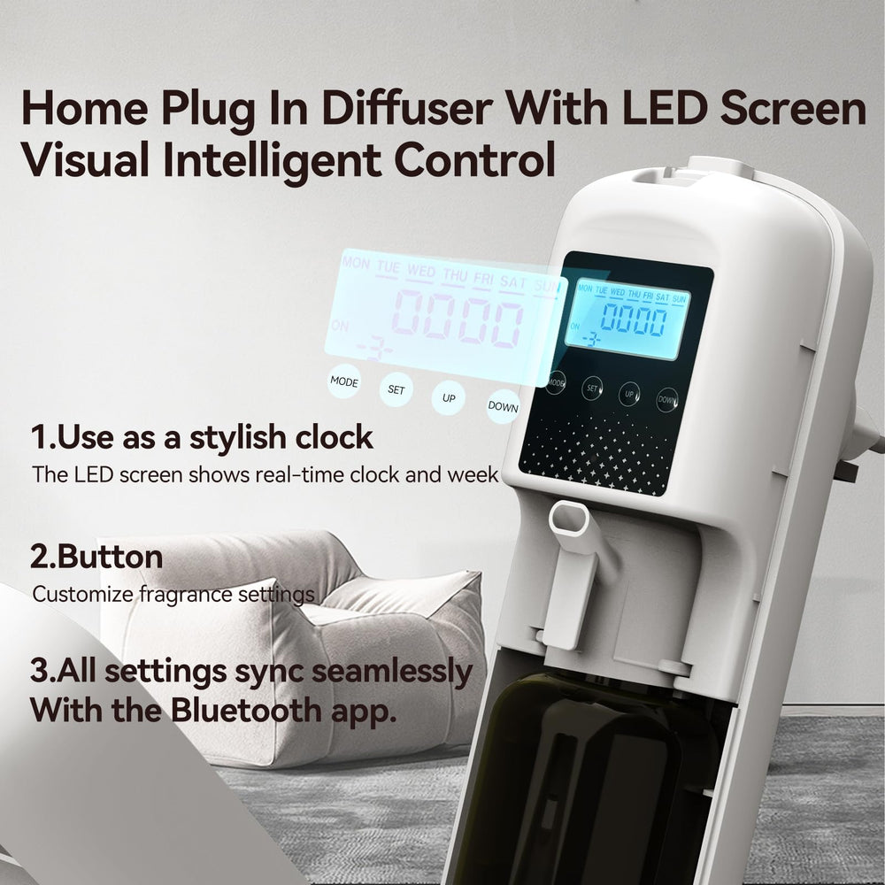 Close-up of diffuser with LED display and white oil bottle.
