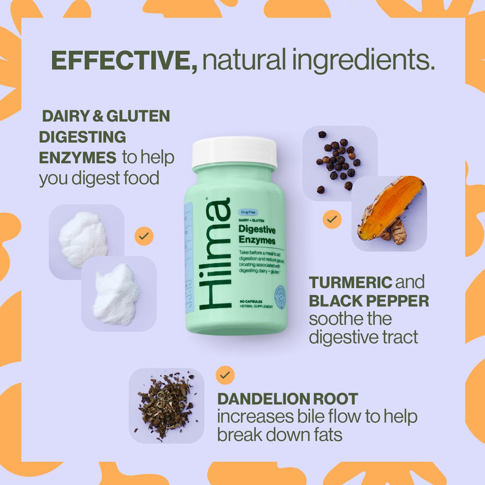Dairy and gluten digestion support with lactase and enzymes in Hilma