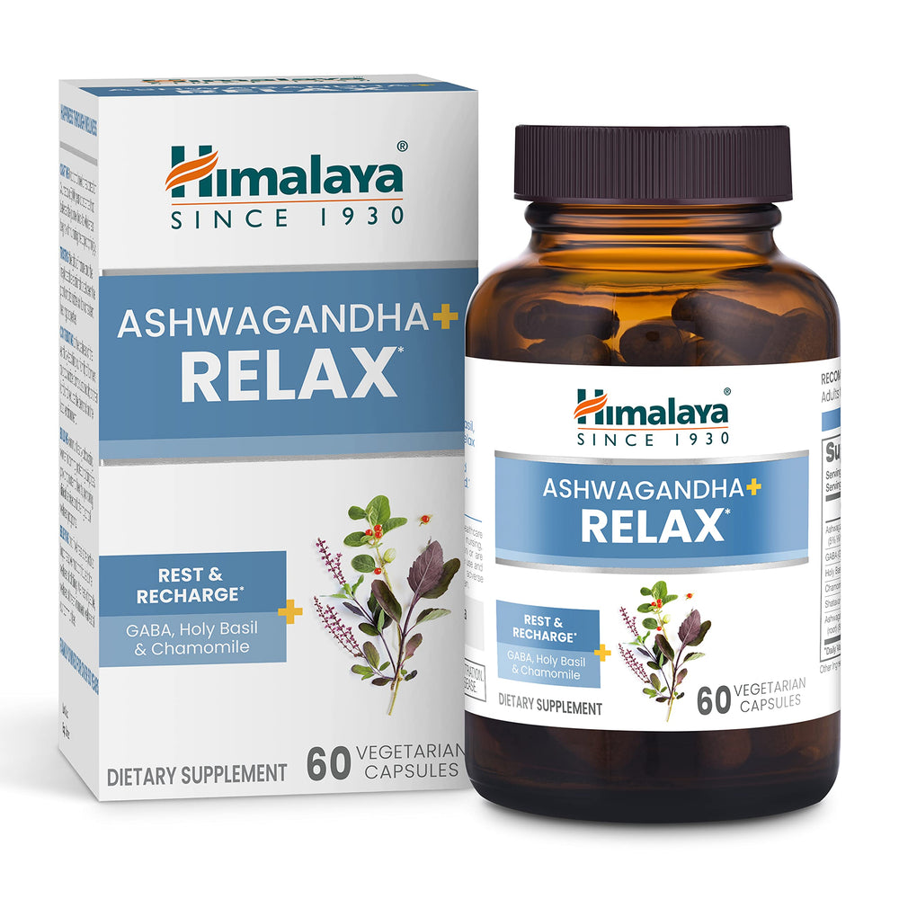 Bottle of Himalaya Ashwagandha+ Relax 60 vegetarian capsules