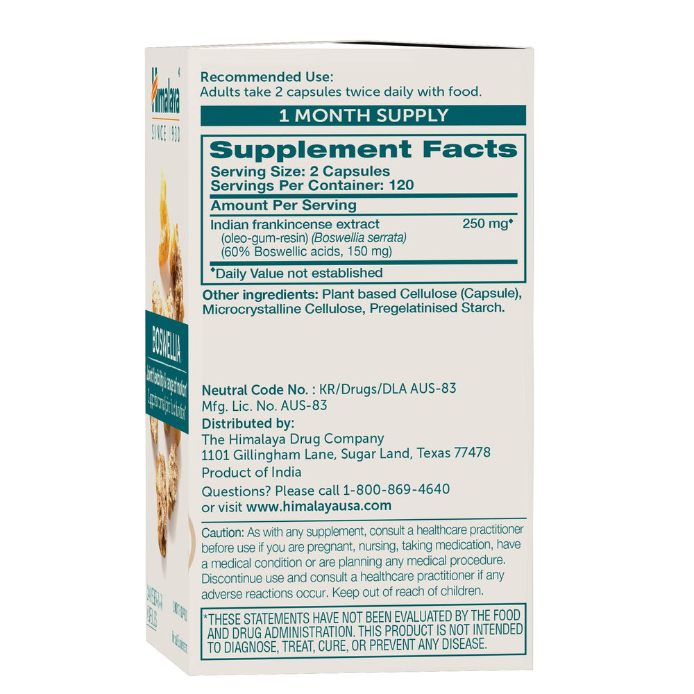 Himalaya Boswellia capsules close-up highlighting 250 mg extract.