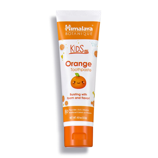 Front packaging of Himalaya Botanique Kids Toothpaste orange flavor, 4 oz