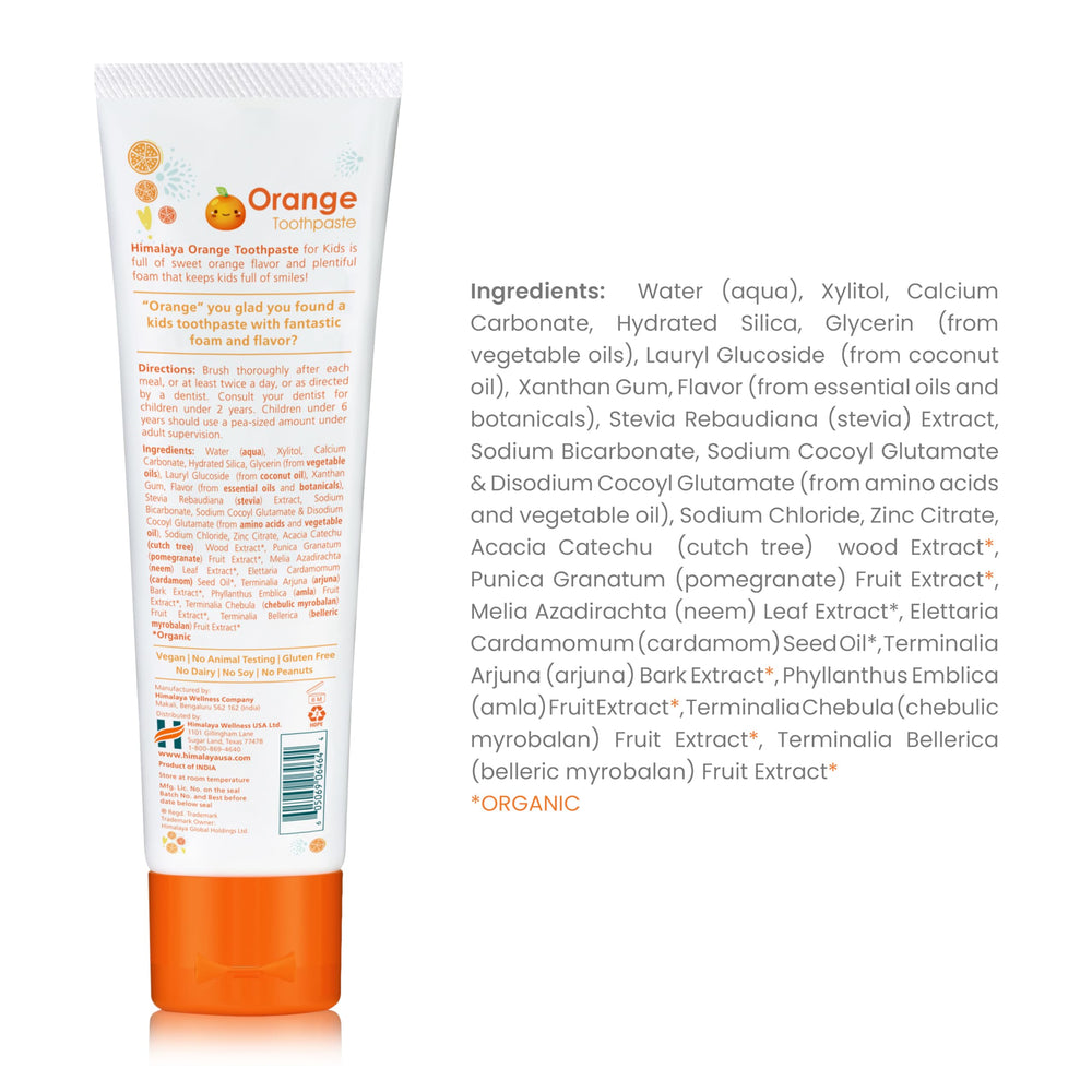 Side view of Himalaya Botanique Kids Toothpaste orange flavor packaging