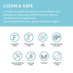 No fluoride, no SLS, no artificial flavors or colors icons on packaging