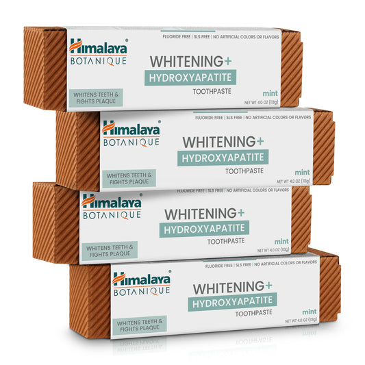 Front view of Himalaya Botanique Whitening + Hydroxyapatite Mint toothpaste pack (4 oz each, pack of 4).