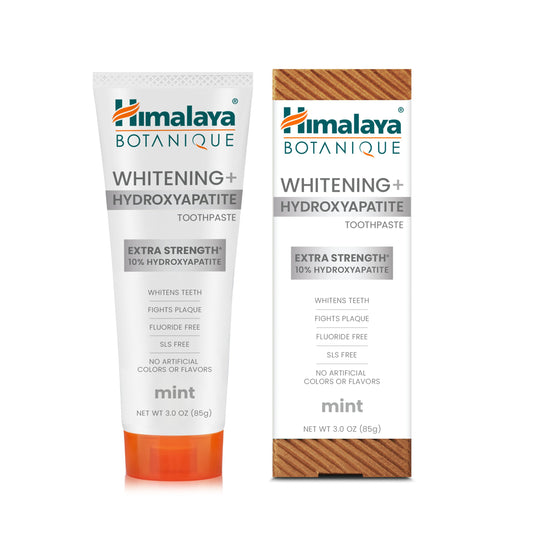 Himalaya Botanique Whitening Toothpaste tube highlighting 10% nano hydroxyapatite
