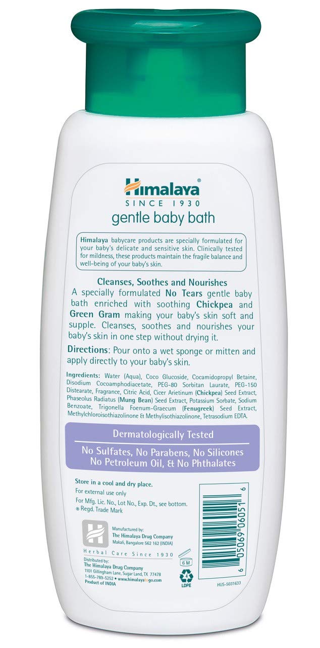 Product label showing Himalaya Gentle Baby Bath free-from claims