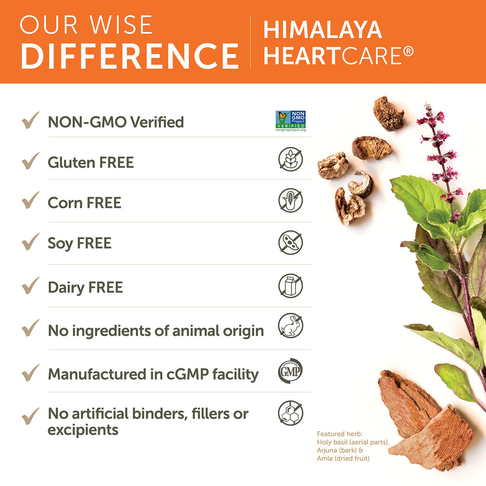Himalaya HeartCare packaging highlights vegan, non-GMO, and gluten-free attributes.
