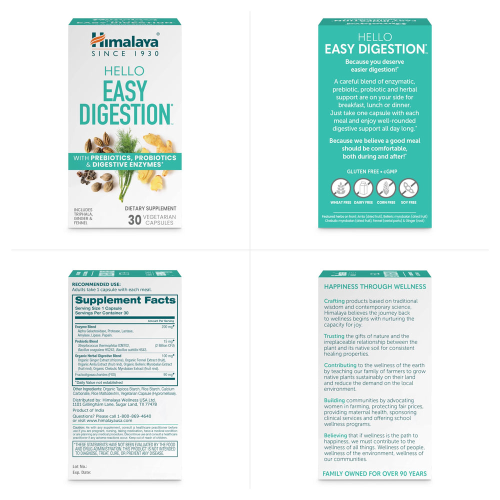 Product packaging and presentation for Himalaya Hello Easy Digestion
