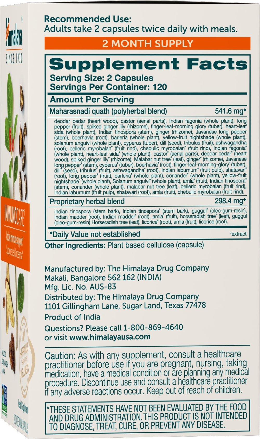Ingredients label showing Ashwagandha and Amla in Himalaya ImmunoCare