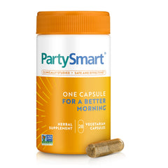 Himalaya PartySmart bottle front showing the plant-based formula for post-drinking support
