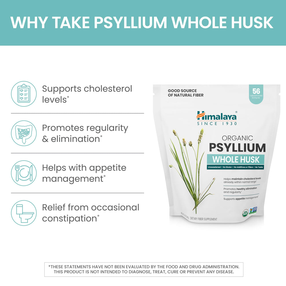 Himalaya Psyllium Whole Husk ingredients label highlighting plant-based fiber.
