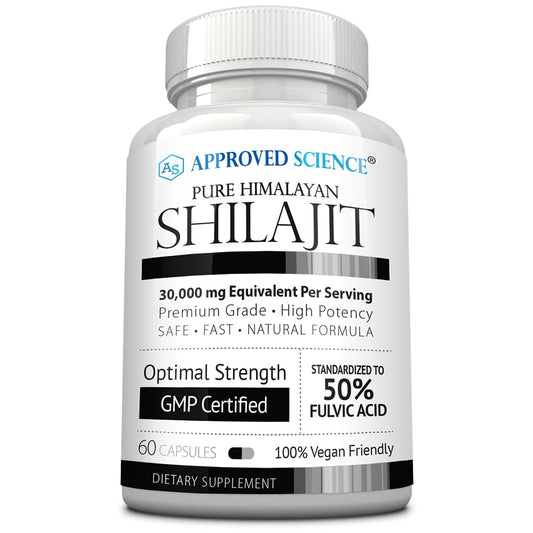 Himalayan Shilajit 30:1 extract with 50% fulvic acid, 60 vegan capsules packaging