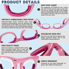 Hion Kids Anti-Motion Glasses pink rims with colorful liquids for visibility.