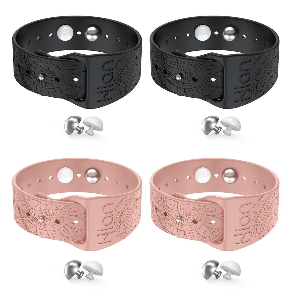 Hion motion sickness bracelets black and pink pack for travel comfort.