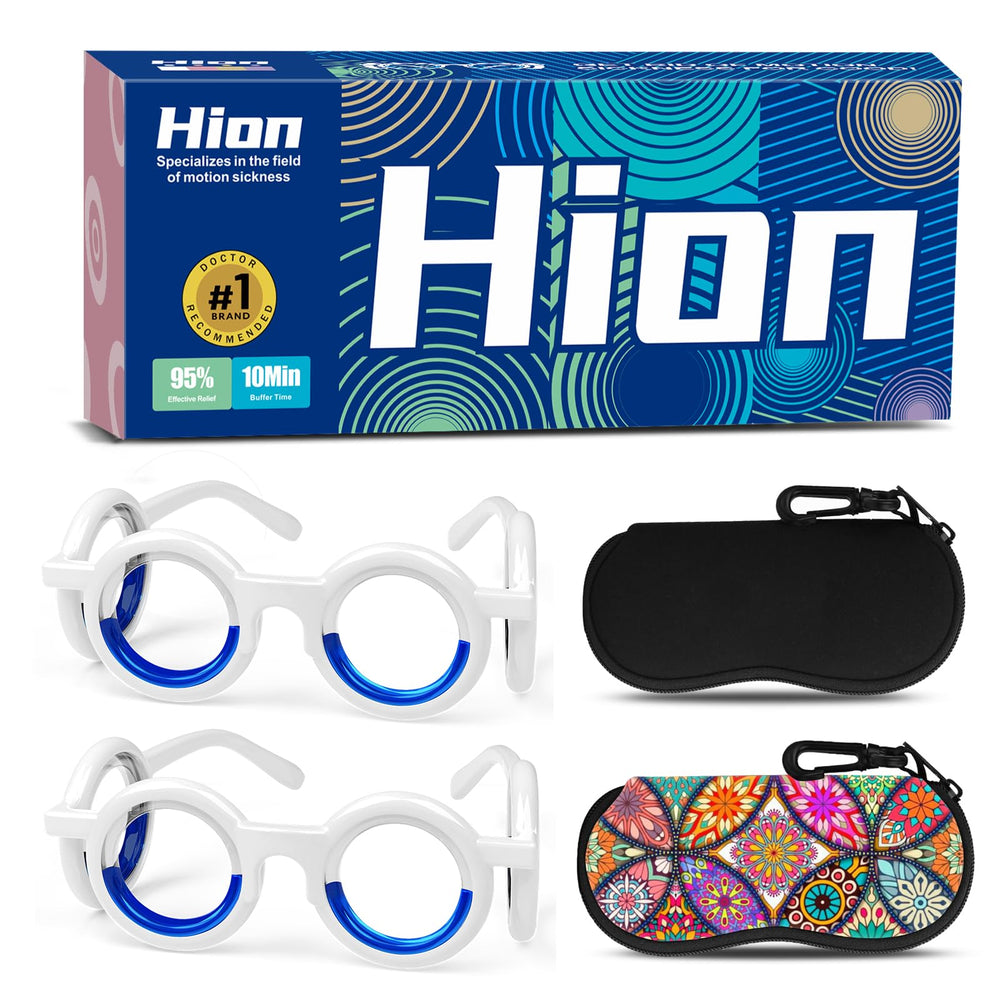 Hion motion sickness glasses folded in travel case for portable relief