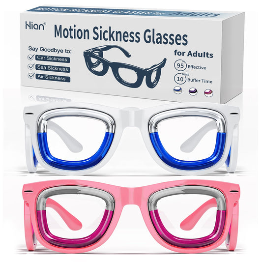 Hion motion glasses front view in white-pink highlights portable, travel-friendly motion relief.