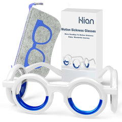 Hion Motion Sickness Glasses pack with travel pouch for portable relief on trips.