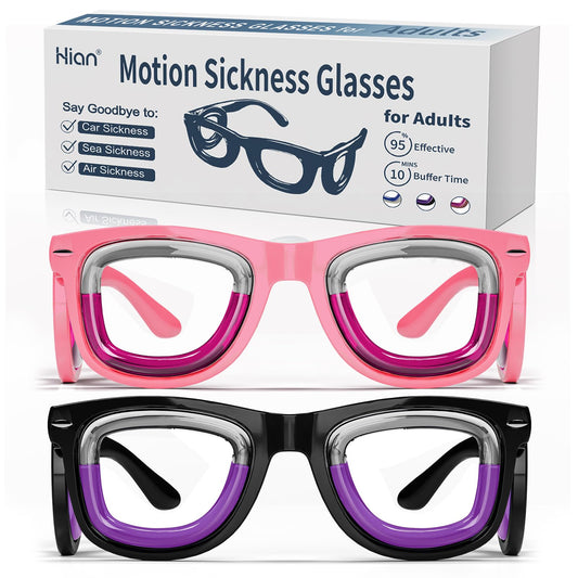 Hion motion sickness glasses pink-black front view for portable travel relief