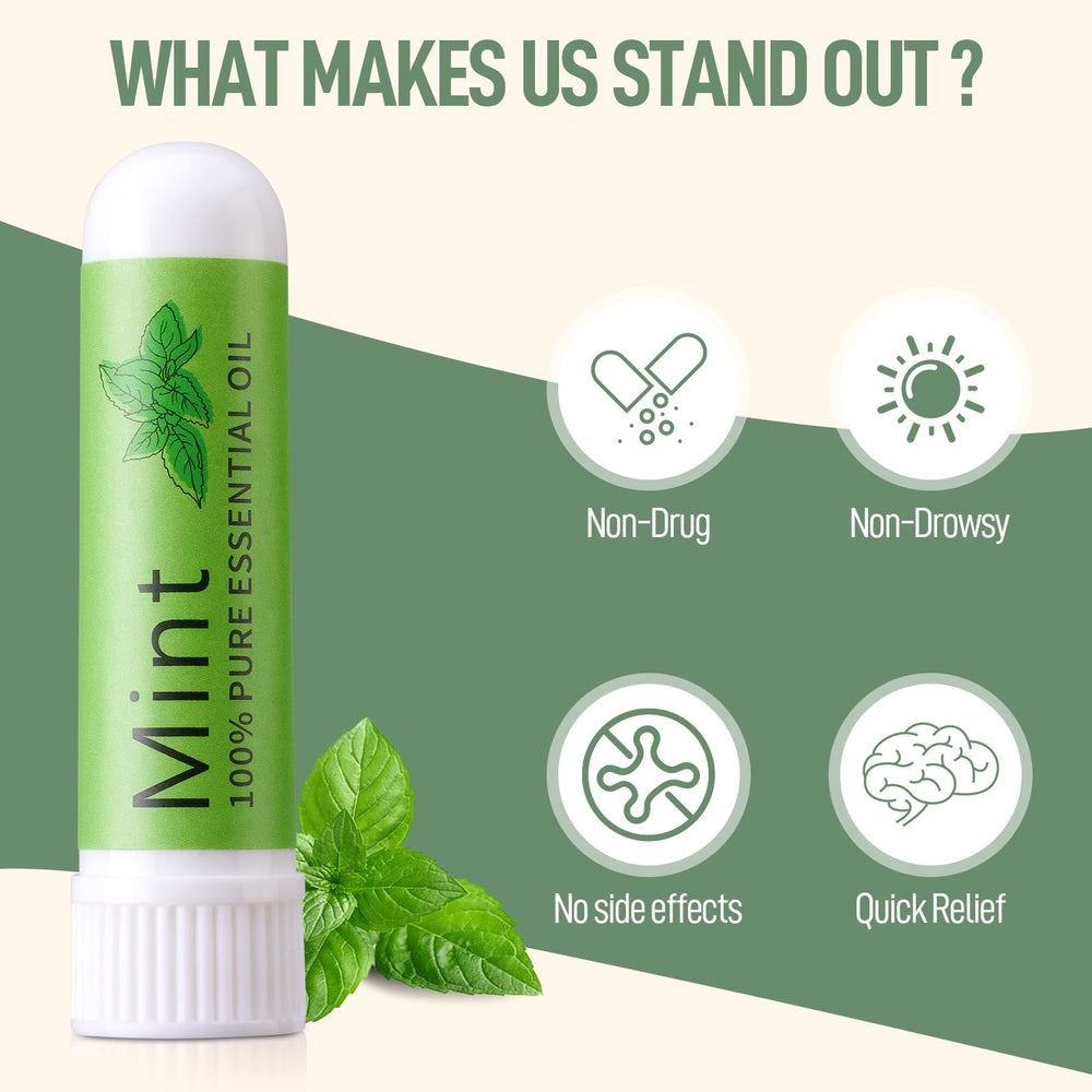 Hion Nausea Relief Inhaler Mint closeup oil droplet highlights pure essential oils.