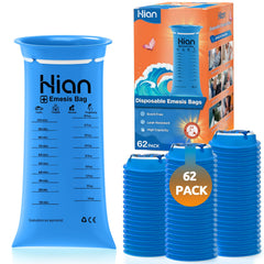 Hion Vomit Bags 62-pack shows 1000ml capacity for secure travel containment.