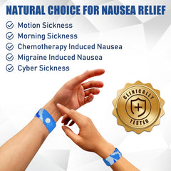 Hionfurt acupressure wristbands worn on the blue wrist target Nei-Kuan for nausea.