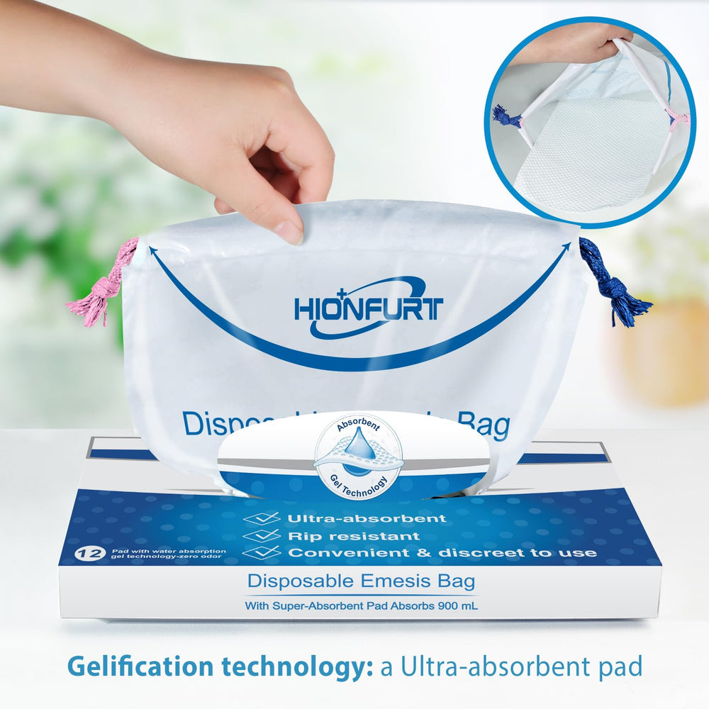 Hionfurt emesis bag in use showing gel formation and odor control