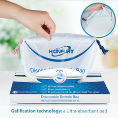 Hionfurt emesis bag in use showing gel formation and odor control