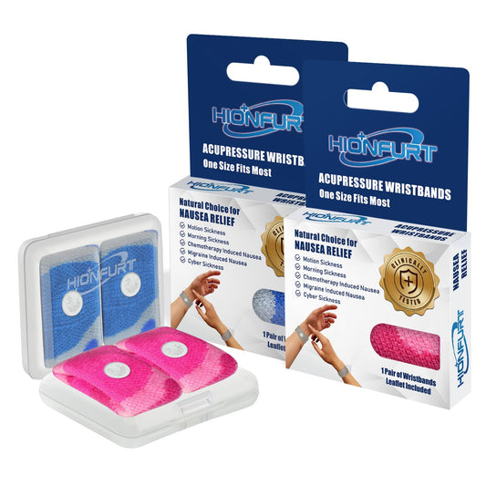 Hionfurt motion sickness bands camo blue pack may help travel nausea.